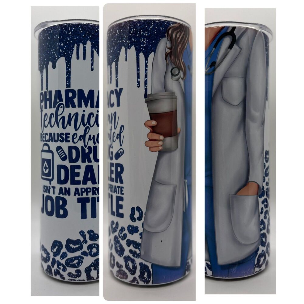 NEW "Pharmacy Tech"  20 oz. Stainless Steel Tumbler w/Straw Set & Silicone Tip